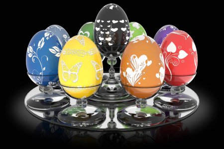 Photo for 3D illustration. Series decorated Easter egg. Eggs with glass holder on a black background - Royalty Free Image