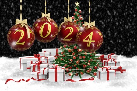 Foto de Ilustración 3D. Año Nuevo 2024. Año Nuevo 2024 en números y con decoración navideña. Bolas de árbol de Navidad - Imagen libre de derechos