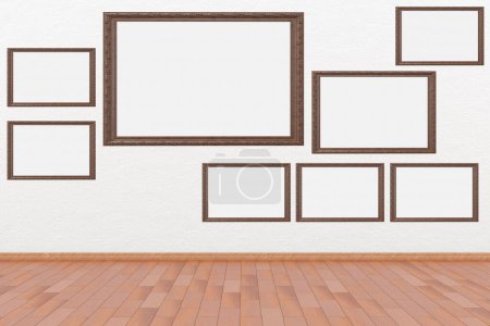 Photo for Frames, empty paintings on display on white wall. Eight frames with empty space for inserting text or images. Wooden frames. 3D illustration - Royalty Free Image