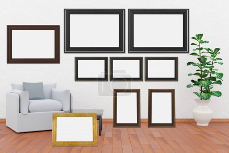 Photo for Frames, empty paintings on display on white wall. Nine frames with empty space for inserting text or images. Set in the living room. Frames in wood, silver and gold. 3D illustration - Royalty Free Image