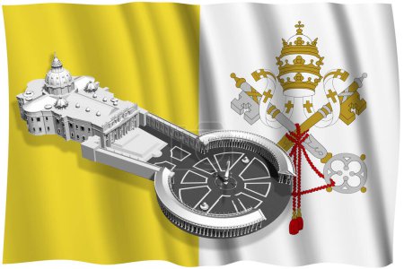Der Petersplatz in der Vatikanstadt vor der Flagge des Kirchenstaates. 3D-Illustration