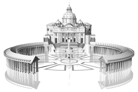 Plaza de San Pedro en la Ciudad del Vaticano en los Estados Pontificios tiro frontal sobre un fondo blanco. Ilustración 3D