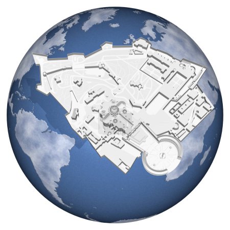 Umriss, Plan und Ländergrenzen der Vatikanstadt mit der Welt im Hintergrund. 3D-Illustration
