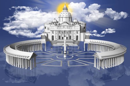 Place Saint-Pierre dans la Cité du Vatican suspendue entre la terre et le ciel avec le soleil parmi les nuages en arrière-plan