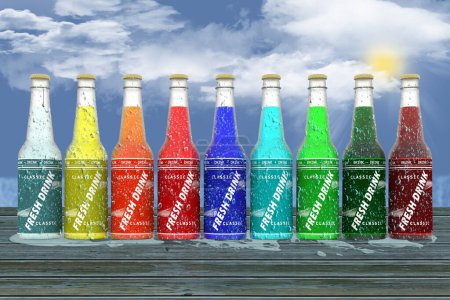 Photo for 3d illustration. Summer, holidays. Colorful refreshing drink bottles on blue sky background - Royalty Free Image