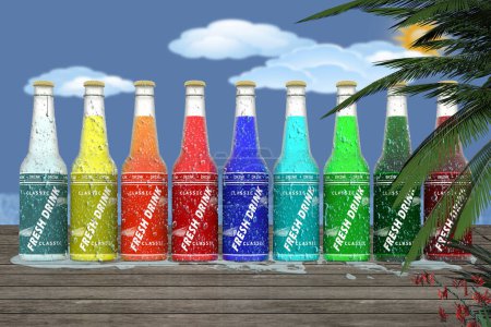 Photo for 3d illustration. Summer, holidays. Colorful refreshing drink bottles on blue sky background - Royalty Free Image