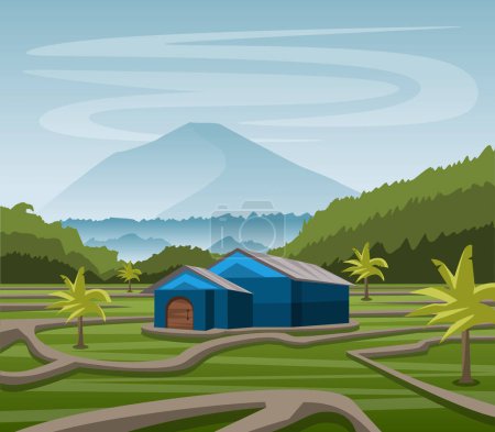 Illustration for Natural landscape scenery of rice fields, mountains, forests and huts in the middle vector illustration - Royalty Free Image
