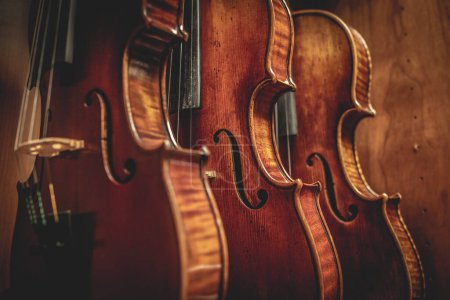 Reihe mehrerer Geigen hängt an der Wand