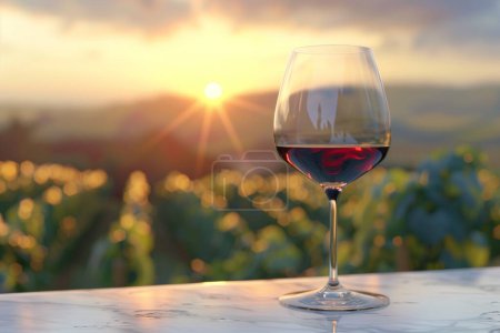 Elegantes Weinglas mit Rotwein auf Marmor-Arbeitsplatte am Weinberg