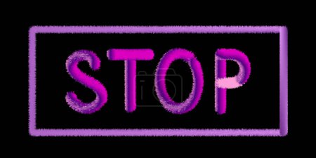 Inschrift - Wort STOP in rosa Farbe mit Pelzstruktur auf schwarzem Hintergrund