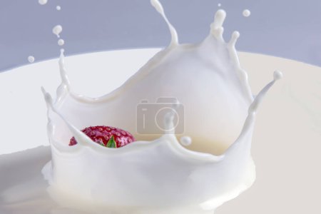 Photo for Strawberries and berries falling into milk. Splash isolated on white backgrounds - Royalty Free Image