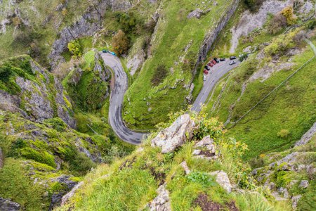 View from above of winding road Cheddar Gorge in Somerset.