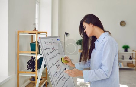 Seitenansicht Porträt einer jungen Geschäftsfrau, die im Büro neben Whiteboard mit Wochenplänen und Aufgaben steht. Mädchen schauen auf Arbeitsplan Planung Termin für eine Woche. Geschäftsplanungskonzept.