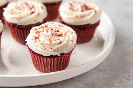 Photo for Closeup of red velvet cupcakes on a light background - Royalty Free Image