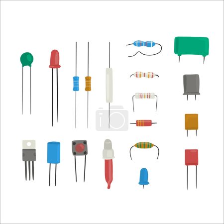 Ilustración de Conjunto de iconos planos con componentes eléctricos básicos. Incluye resistencia, inductor, relé y transistor - Imagen libre de derechos