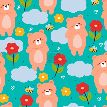 Téléchargez les illustrations : Motif sans couture ours mignon avec fleur. papier peint animal mignon pour textile, papier d'emballage cadeau - en licence libre de droit
