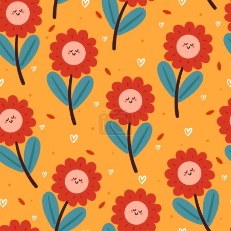 Illustration for Seamless pattern cartoon flower and leaves character. botanical wallpaper for textile, gift wrap paper - Royalty Free Image
