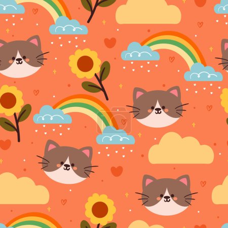 Ilustración de Patrón inconsútil de dibujos animados gato y flor. lindo fondo de pantalla animal para textiles, papel de regalo - Imagen libre de derechos