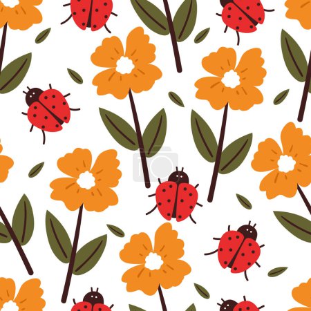 Ilustración de Patrón sin costuras mariquita de dibujos animados, flores y hojas. fondo de pantalla botánica para textiles, papel de regalo - Imagen libre de derechos