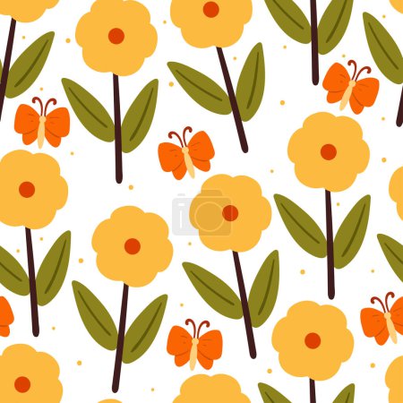 Illustration for Seamless pattern cartoon flower and leaves. botanical wallpaper for textile, gift wrap paper - Royalty Free Image