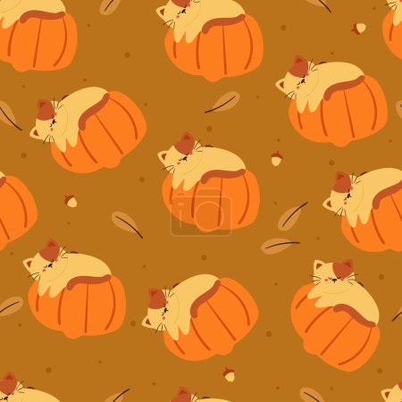 Ilustración de Patrón sin costuras de otoño con calabaza de dibujos animados y gato. lindo otoño fondo de pantalla de otoño para el tema de vacaciones, papel de regalo - Imagen libre de derechos