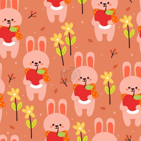 Illustration for Seamless pattern cartoon bunny holding an apple with leaves, flower and autumn vibes element. cute autumn wallpaper for holiday. design for fabric, flat design, gift wrap paper - Royalty Free Image