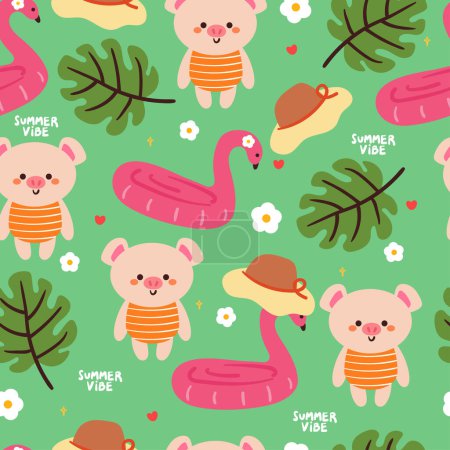 Illustration for Seamless pattern cute cartoon pig with summer vibes. cute summer wallpaper for background, card, gift wrap paper - Royalty Free Image