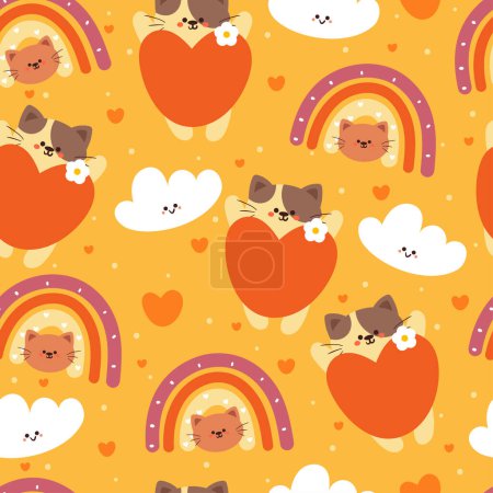 Téléchargez les illustrations : Motif sans couture chat dessin animé, coeur orange et élément ciel. papier peint animal mignon pour textile, papier d'emballage cadeau - en licence libre de droit