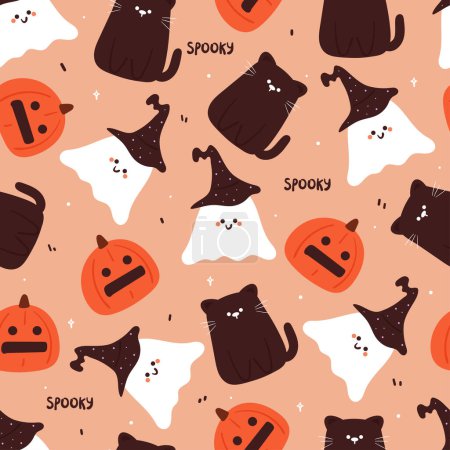 Illustration for Halloween seamless pattern with cartoon pumpkin, cat, and halloween element. cute halloween wallpaper for holiday theme, gift wrap paper - Royalty Free Image