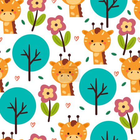 Ilustración de Patrón sin costuras jirafa de dibujos animados, planta y flor. lindo fondo de pantalla animal para papel de regalo textil - Imagen libre de derechos