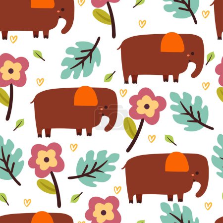 Ilustración de Patrón sin costuras elefante de dibujos animados, planta y flor. lindo fondo de pantalla animal para papel de regalo textil - Imagen libre de derechos
