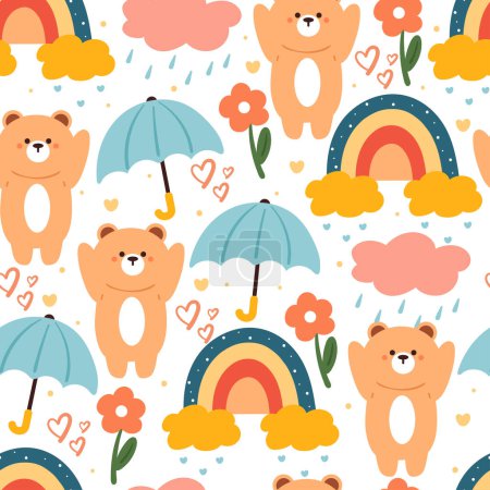 Illustration for Seamless pattern cartoon bear and flower. cute animal wallpaper illustration for gift wrap paper - Royalty Free Image