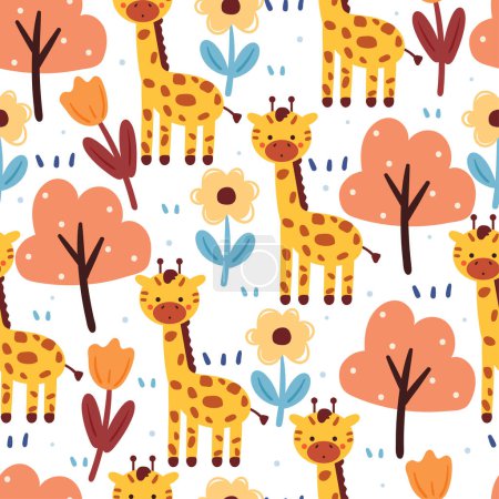 Téléchargez les illustrations : Motif sans couture girafe de dessin animé et fleur. papier peint animal mignon pour textile, papier d'emballage cadeau - en licence libre de droit