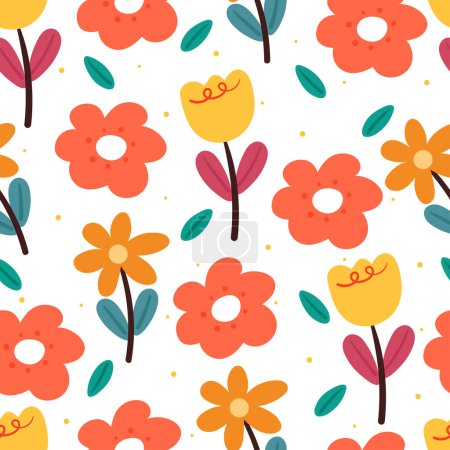 Ilustración de Patrón sin costuras flor de dibujos animados y hojas. fondo de pantalla botánica para textiles, papel de regalo - Imagen libre de derechos