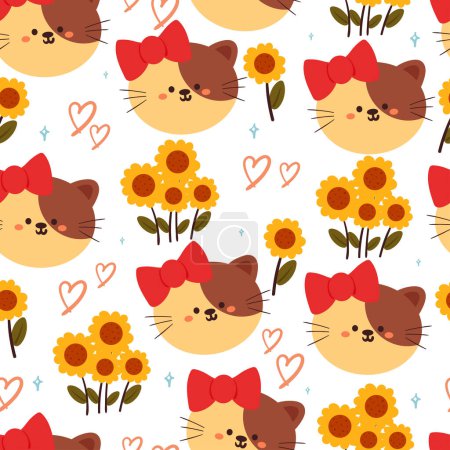 Illustration for Seamless pattern cartoon cat and flower. cute animal wallpaper for textile, gift wrap paper - Royalty Free Image