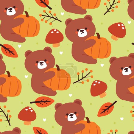 Illustration for Seamless pattern cartoon bear, leaves and autumn vibes element. cute autumn wallpaper for holiday. design for fabric, flat design, gift wrap paper - Royalty Free Image