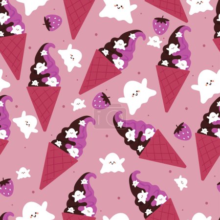 Illustration for Halloween seamless pattern with cartoon spooky ice cream, ghost, and halloween element. cute halloween wallpaper for holiday theme, gift wrap paper - Royalty Free Image