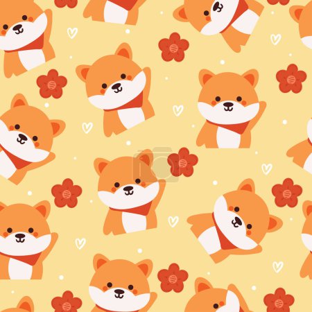 Illustration for Seamless pattern cartoon puppy with plant and flower. cute animal wallpaper for textile, gift wrap paper - Royalty Free Image