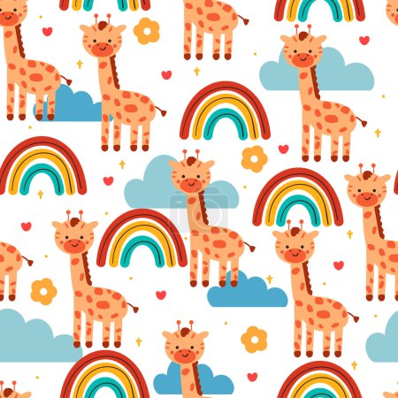 Téléchargez les illustrations : Girafe motif sans couture dessin animé avec élément ciel. papier peint animal mignon pour textile, papier d'emballage cadeau - en licence libre de droit