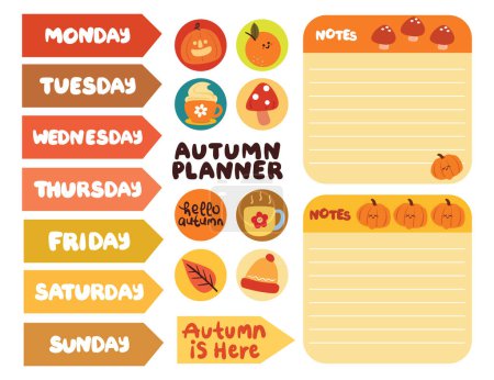 Illustration for Collection of autumn weekly and daily planner sticker, notes, to do list, with lettering and cute icon. template for agenda, check list, stationery - Royalty Free Image