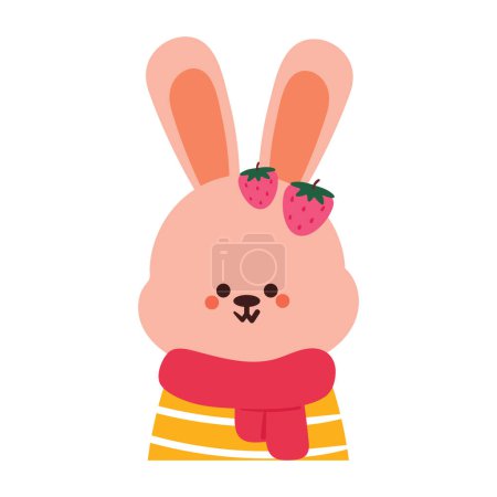 Illustration for Hand drawing cartoon bunny with pink scarf and strawberry pin - Royalty Free Image