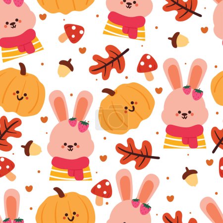 Illustration for Seamless pattern cartoon bunny, leaves and autumn vibes element. cute autumn wallpaper for holiday. design for fabric, flat design, gift wrap paper - Royalty Free Image