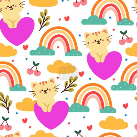 Illustration for Seamless pattern cartoon cat, purple heart and sky element. cute animal wallpaper for textile, gift wrap paper - Royalty Free Image