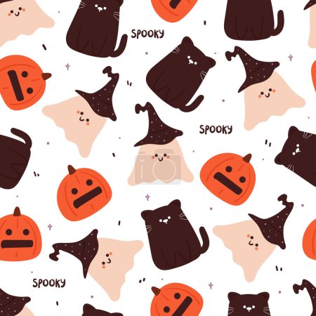 Illustration for Halloween seamless pattern with cartoon pumpkin, cat, ghost, and halloween element. cute halloween wallpaper for holiday theme, gift wrap paper - Royalty Free Image