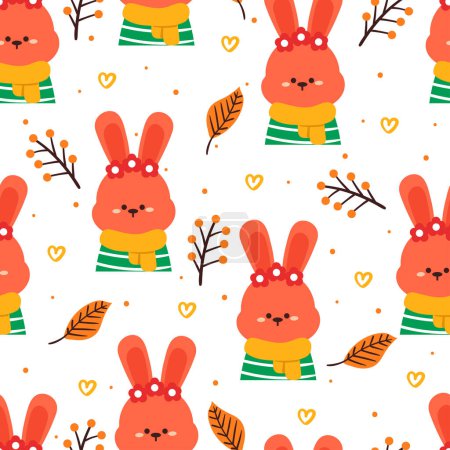 Illustration for Seamless pattern cartoon bunny, leaves and autumn vibes element. cute autumn wallpaper for holiday. design for fabric, flat design, gift wrap paper - Royalty Free Image