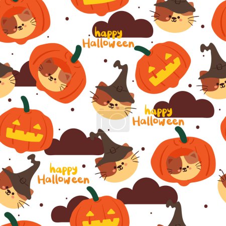 Ilustración de Patrón sin costuras de Halloween con calabaza de dibujos animados, gato, y elemento de Halloween. lindo fondo de pantalla de Halloween para el tema de vacaciones, papel de regalo - Imagen libre de derechos