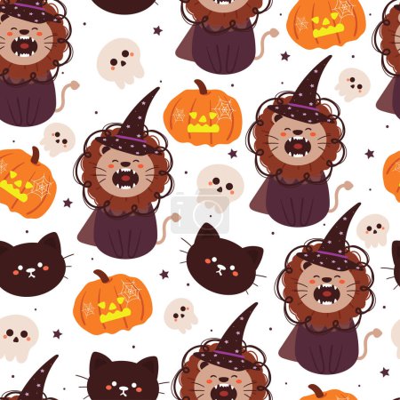 Illustration for Halloween seamless pattern cartoon lion with pumpkin, cat, and halloween element. cute halloween wallpaper for holiday theme, gift wrap paper - Royalty Free Image