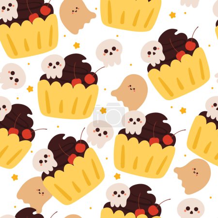 Illustration for Halloween seamless pattern with cartoon spooky dessert, cupcake, ghost, and halloween element. cute halloween wallpaper for holiday theme, gift wrap paper - Royalty Free Image