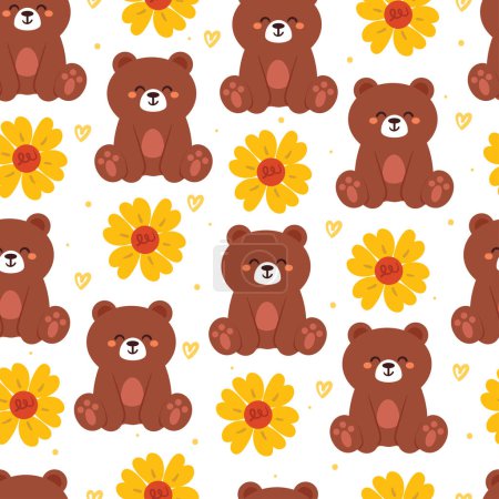 Ilustración de Sin costuras patrón de dibujos animados osos y flores. ilustración de fondo de pantalla animal lindo para papel de regalo - Imagen libre de derechos