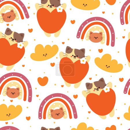Ilustración de Patrón sin costuras gato de dibujos animados, corazón naranja y elemento cielo. lindo fondo de pantalla animal para textiles, papel de regalo - Imagen libre de derechos